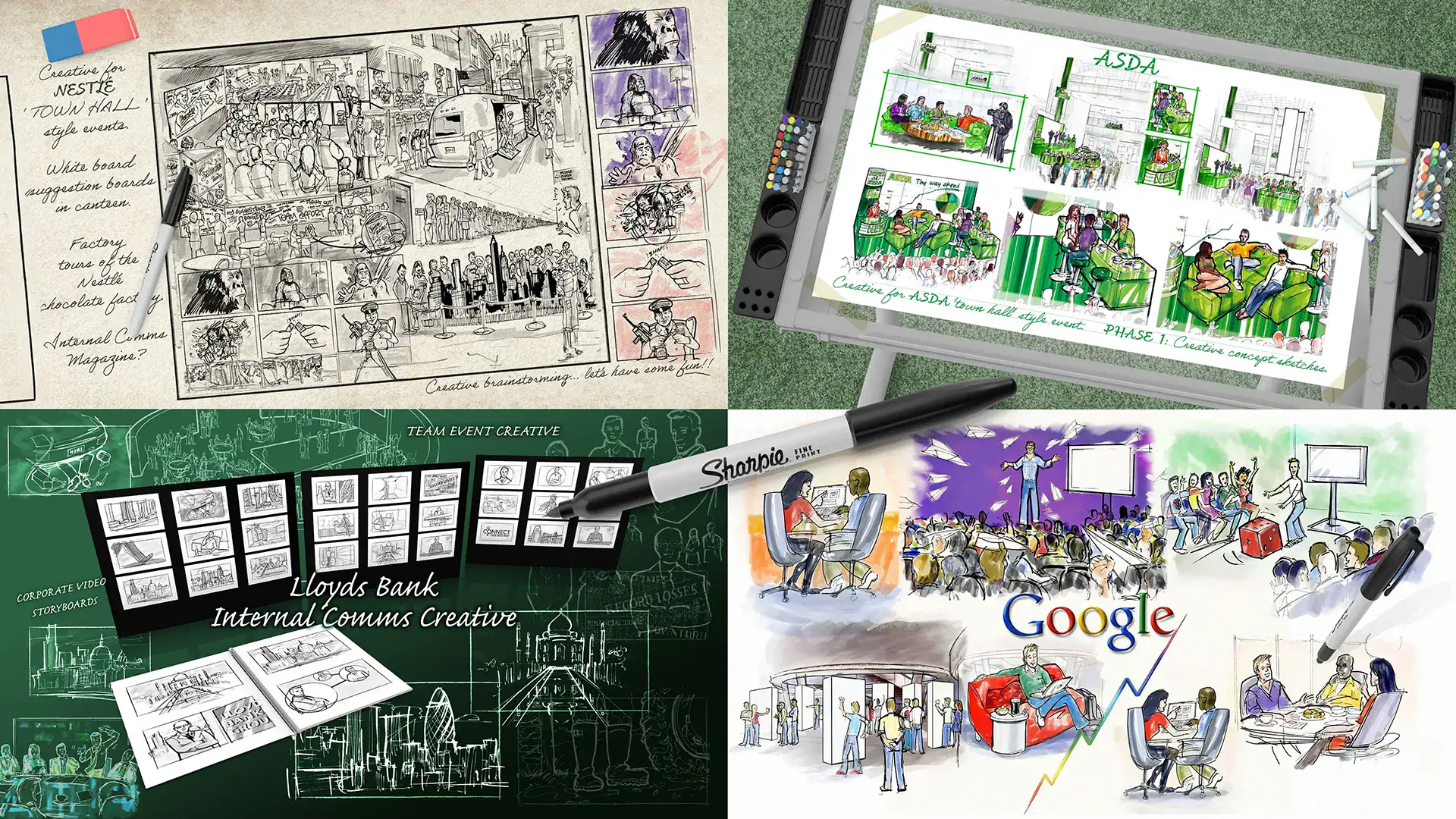 Hand drawn company culture visuals for Nestle, ASDA, Lloyds Bank and Google